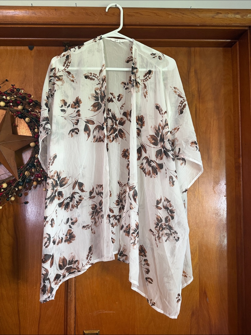 Maurices White Floral Kimono with Brown Print